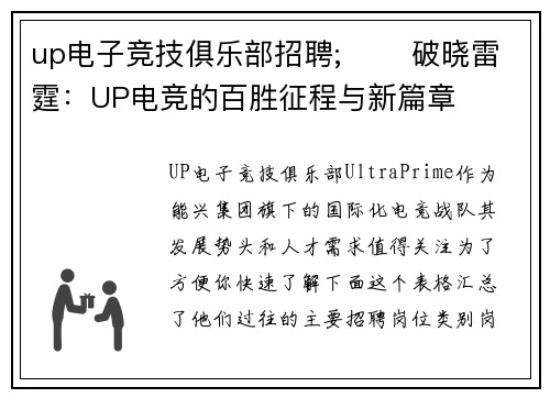 up电子竞技俱乐部招聘;⚡️ 破晓雷霆：UP电竞的百胜征程与新篇章