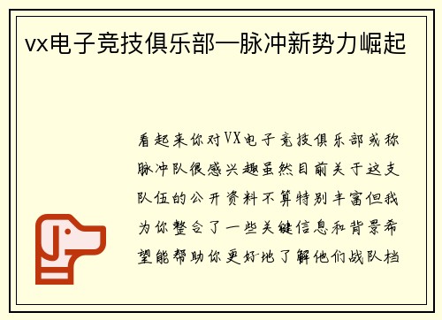 vx电子竞技俱乐部—脉冲新势力崛起